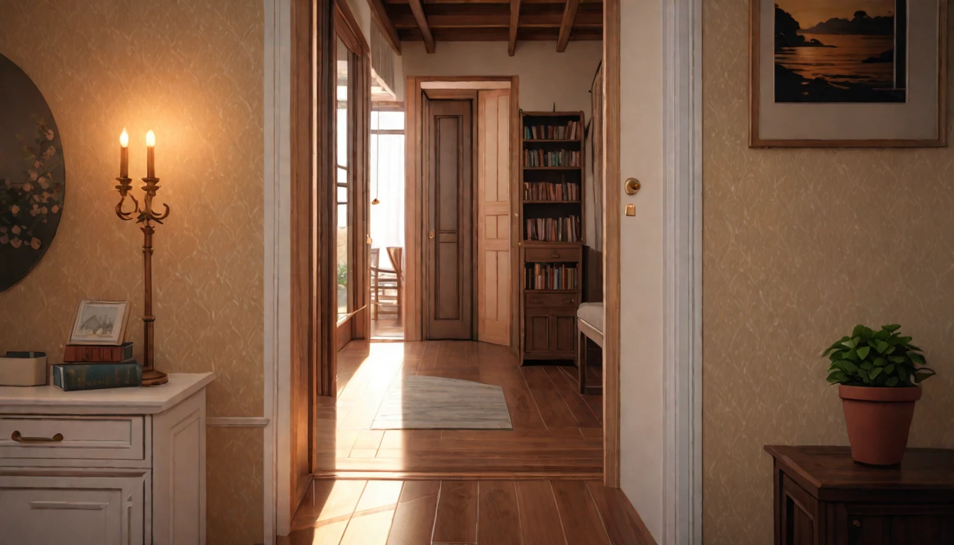 (best quality, 4k, 8K, high resolution, masterpiece: 1.2), Very detailed, (nobody: 1.5), Outside the door,Open door, indoor,cozy indoor, lamp, bookshelf, Potted plants