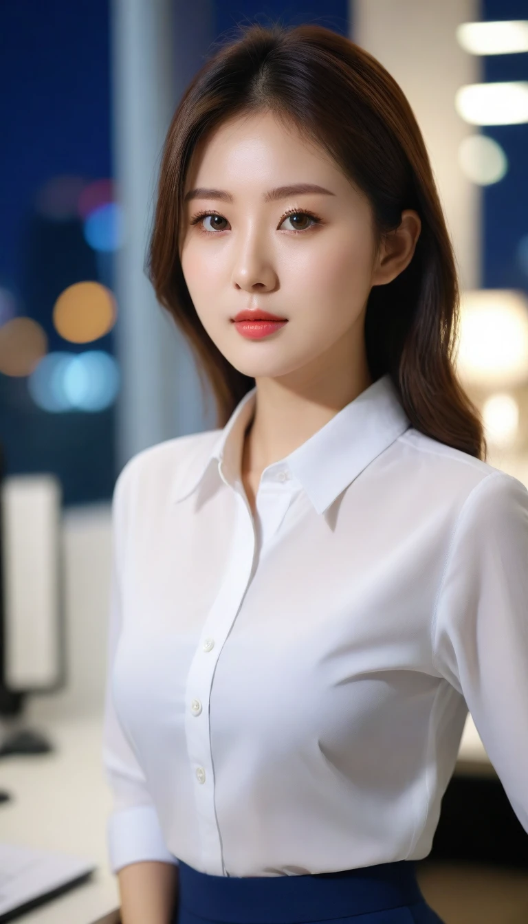 Close up of beautiful Korean woman, 34 inch chest size, wearing a long-sleeved shirt, skirt, in the office,  bokeh background, night, UHD