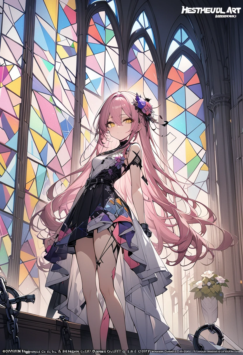 (wilted flower々, (masterpiece, highest quality), official art, beautiful and aesthetic: 1.2), (1 woman), very detailed, (geometry art: 1.3), colorful, White-pink hair, yellow eyes. Asymmetrical dress. Cathedral. stained glass art. ((Chained))