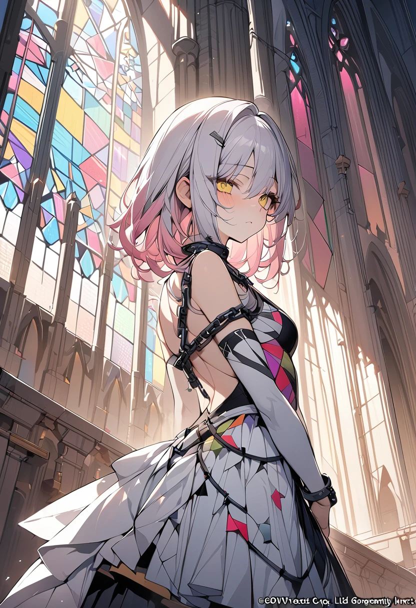 (wilted flower々, (masterpiece, highest quality), official art, beautiful and aesthetic: 1.2), (1 woman), very detailed, (geometry art: 1.3), colorful, White-pink hair, yellow eyes. Asymmetrical dress. Cathedral. stained glass art. ((Chained))