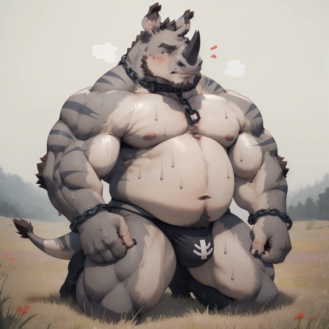 masterpiece, best quality, 8k resolution, Very detailed, hairy，(((rhino)))，(((Mature)))，(((middle age)))，(((Blushing)))，portrait，(((green eyes)))，(((Strong)))，(((Blushing)))，(((Shirtless)))，(((Fat-enclosed muscle)))，((huge))，Hip bulge，For the audience，(((Shameful)))，Highest quality scene，Solitary，solitary，(((thong))，(((Hip bulge)))，(((Sweating)))，((Chains))，(((limb shackles))))，(((Neck collar)))，(Shameful)，Kneeling on the floor，(((kneeling)))，(((Blushing)))，((grassland))，(((black socks)))