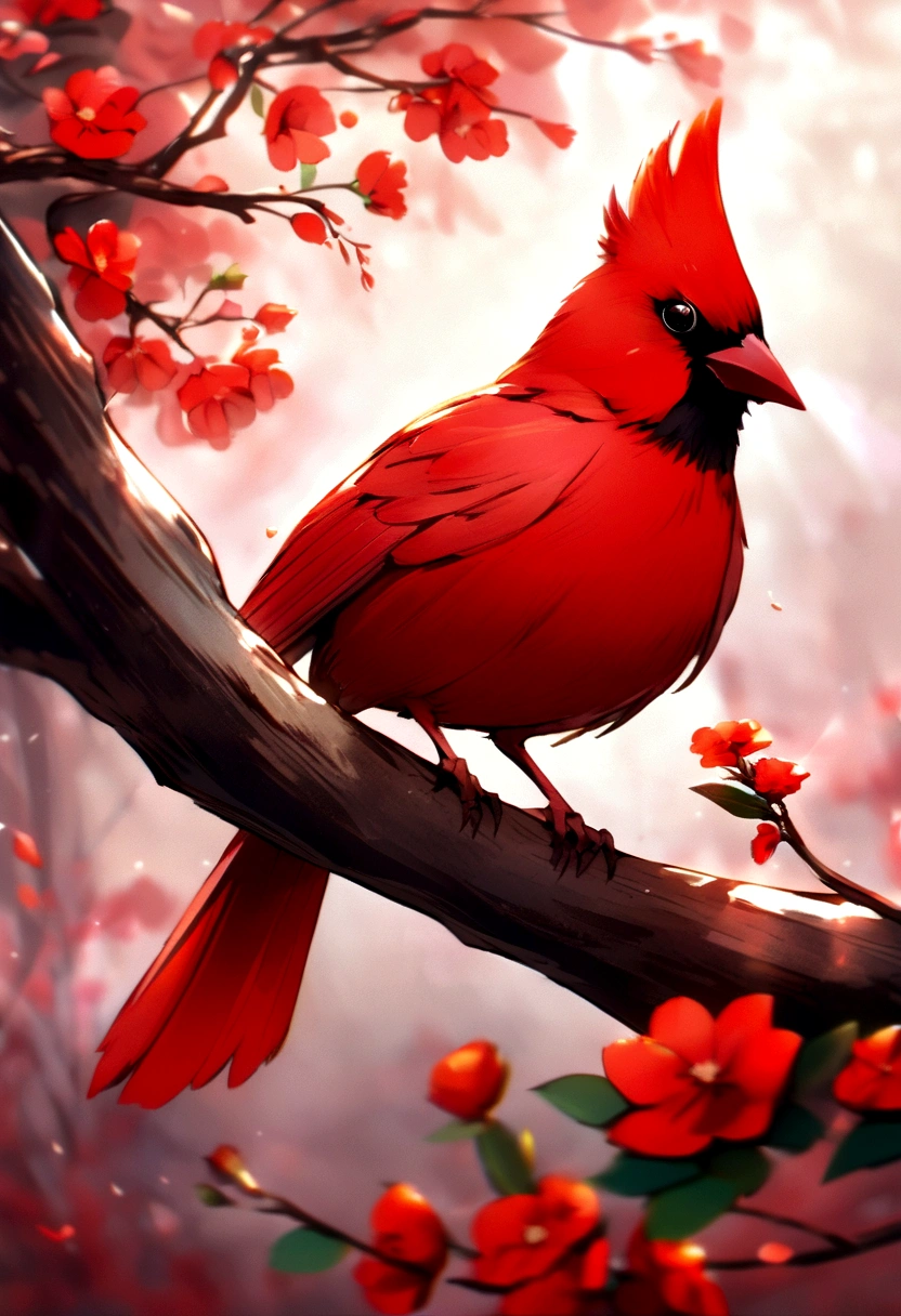 a vibrant image of a beautiful highly detailed red cardinal bird perched on a tree branch with flowers, in high resolution with a soft focus background and a hint of hazy