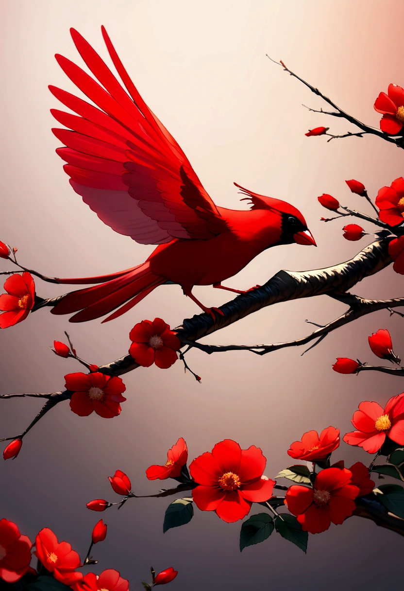 a vibrant image of a beautiful highly detailed red cardinal bird perched on a tree branch with flowers, in high resolution with a soft focus background and a hint of hazy