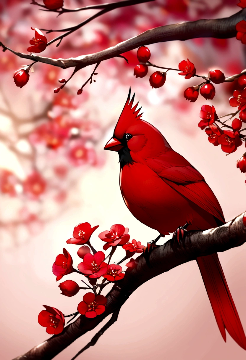 a vibrant image of a beautiful highly detailed red cardinal bird perched on a tree branch with flowers, in high resolution with a soft focus background and a hint of hazy