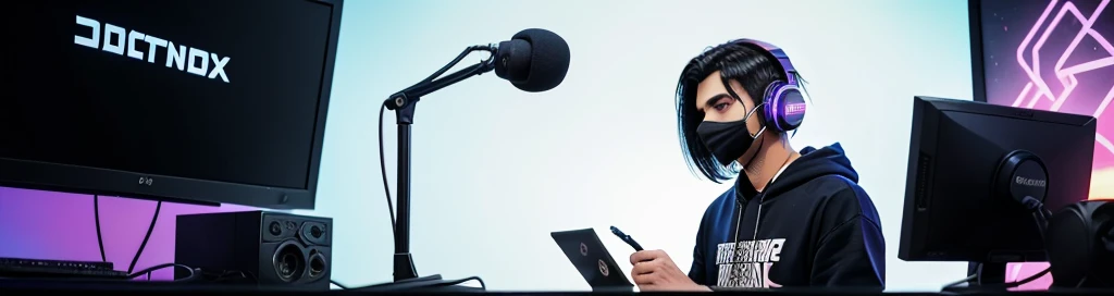 cartoon of a man in a realsitic awesome hoodie sitting at a desk with a microphone on desk, blue yeti microphone, discord profile picture, cyber aesthetic, the encrypted metaverse, art depicting control freak, background artwork, vaporwave cartoon, black hair, talking into microphone, 2d illustration, cyberpunk art, a mask wearing headphones in a home studio, laptop on table, influencer, looking into camera, YouTube studio, background wall with youtube golden play button, best quality, hd, face and body in center facing towards camera