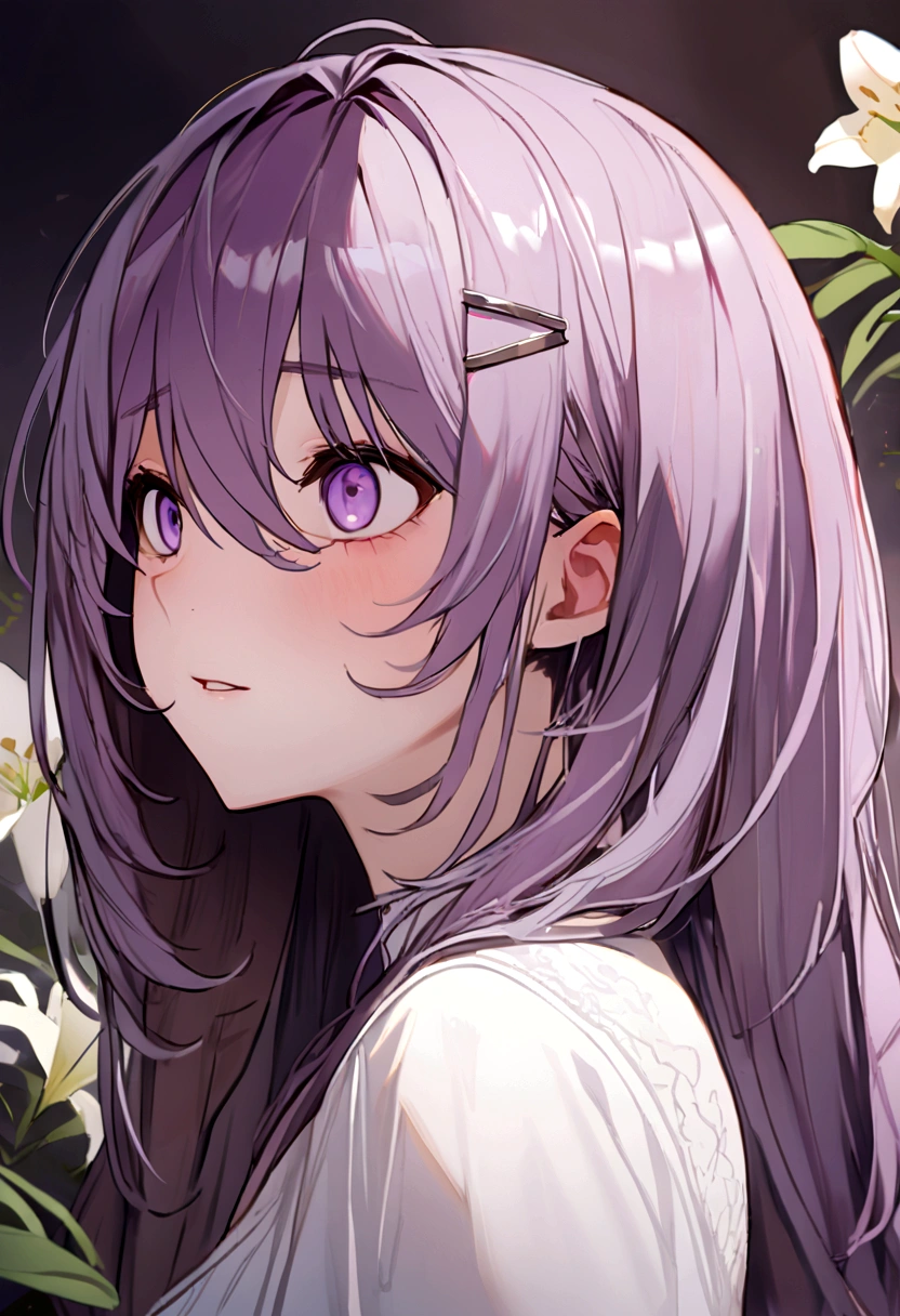 2D, masterpiece, Highest quality, anime, Very detailed, One girl, alone, lily, Purple eyes, Purple Hair, Hair between the eyes, Hair Clip, , yandere face