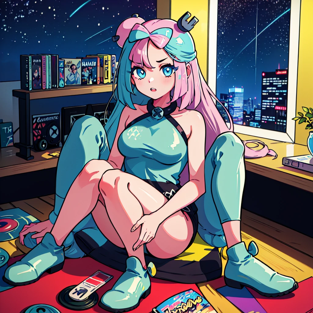 (masterpiece), Highest quality, Expressive eyes, Neon pastel aesthetics, Retro 90s, Neon color,((Girl sitting on sofa,In a cozy room,Records hanging on her wall, Comic books on the floor, Looking out the window behind her at the night city, Upholstered room, Anime figures lined up on a shelf)), Wearing headphones, (All around her it sparkles), (wearing thick colorful sneakers), (blue eyes), (Soft look), (Synthwave Art Style), Colorful Hair, Desk with PC set up