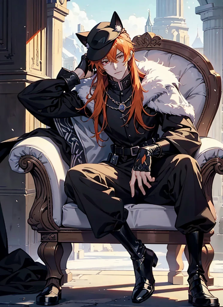 Black glove,fantasy, orangehair, cat ear, tall, glove, wearing hat, handsome, villian face, red eye, 21 yearold, wearing white winter armor, game of throne, male, no ears, long hair curry