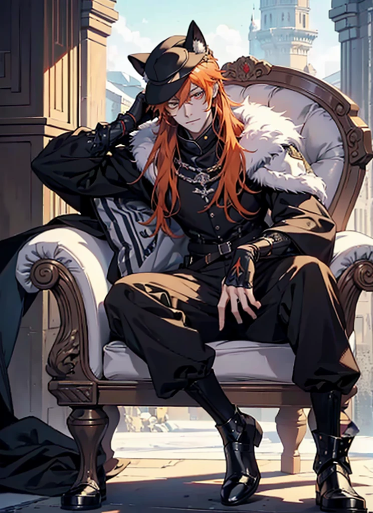 Black glove,fantasy, orangehair, cat ear, tall, glove, wearing hat, handsome, villian face, red eye, 21 yearold, wearing white winter armor, game of throne, male, no ears, long hair curry