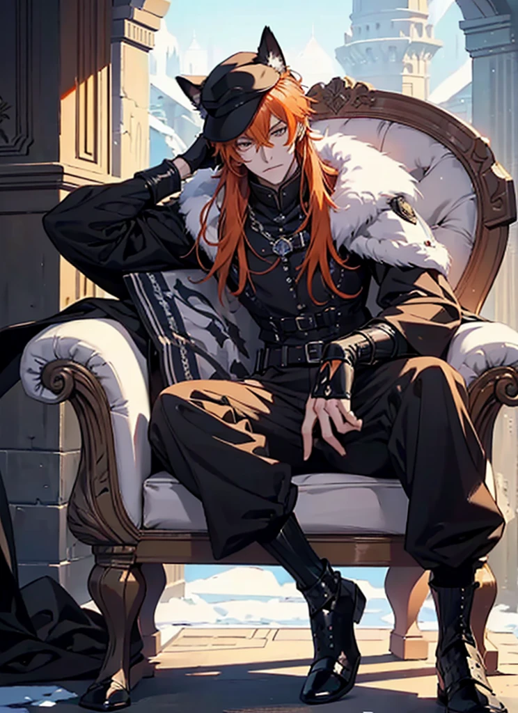 Black glove,fantasy, orangehair, cat ear, tall, glove, wearing hat, handsome, villian face, red eye, 21 yearold, wearing white winter armor, game of throne, male, no ears, long hair curry