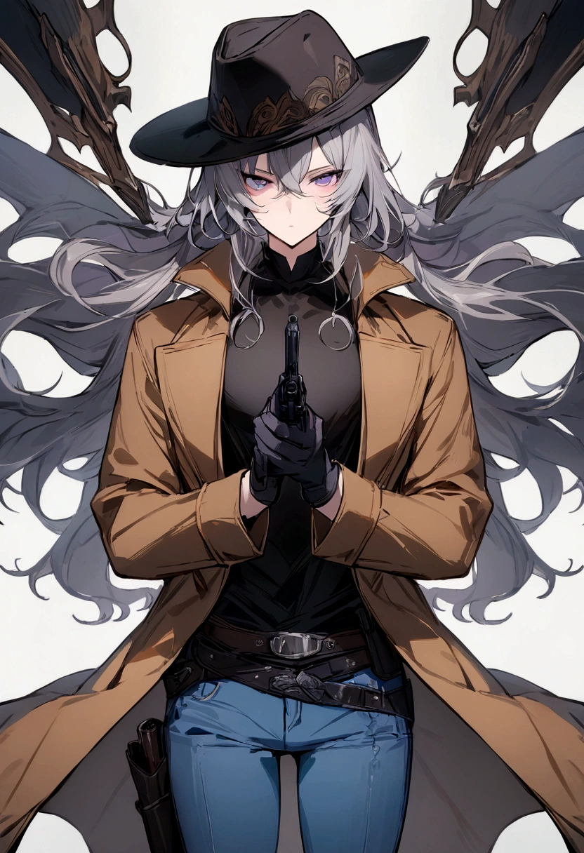 (masterpiece, best quality:1.2) best quality, boy design, long gray hair, focused look, purple eyes,  black cowboy hat, black tight shirt, brown Duster coat, black gloves, blue jeans, western black boots, black cowboy holster,  2 guns, holding guns in hands.