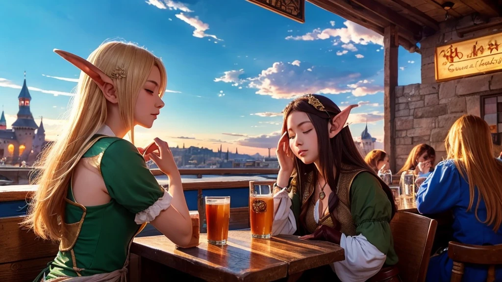 Anime Style,The medieval world,A lively bar with many people,Beautiful sky,Beautiful bard elf girl with closed eyes