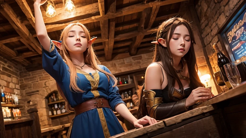 Anime Style,The medieval world,A lively bar with many people,Beautiful sky,Beautiful bard elf girl with closed eyes