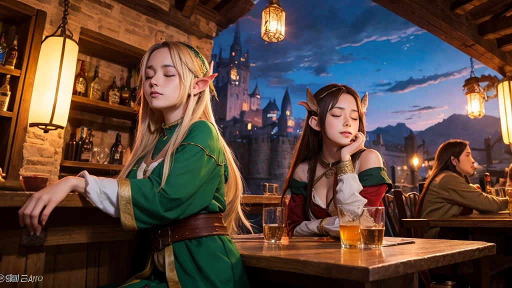 Anime Style,The medieval world,A lively bar with many people,Beautiful sky,Beautiful bard elf girl with closed eyes