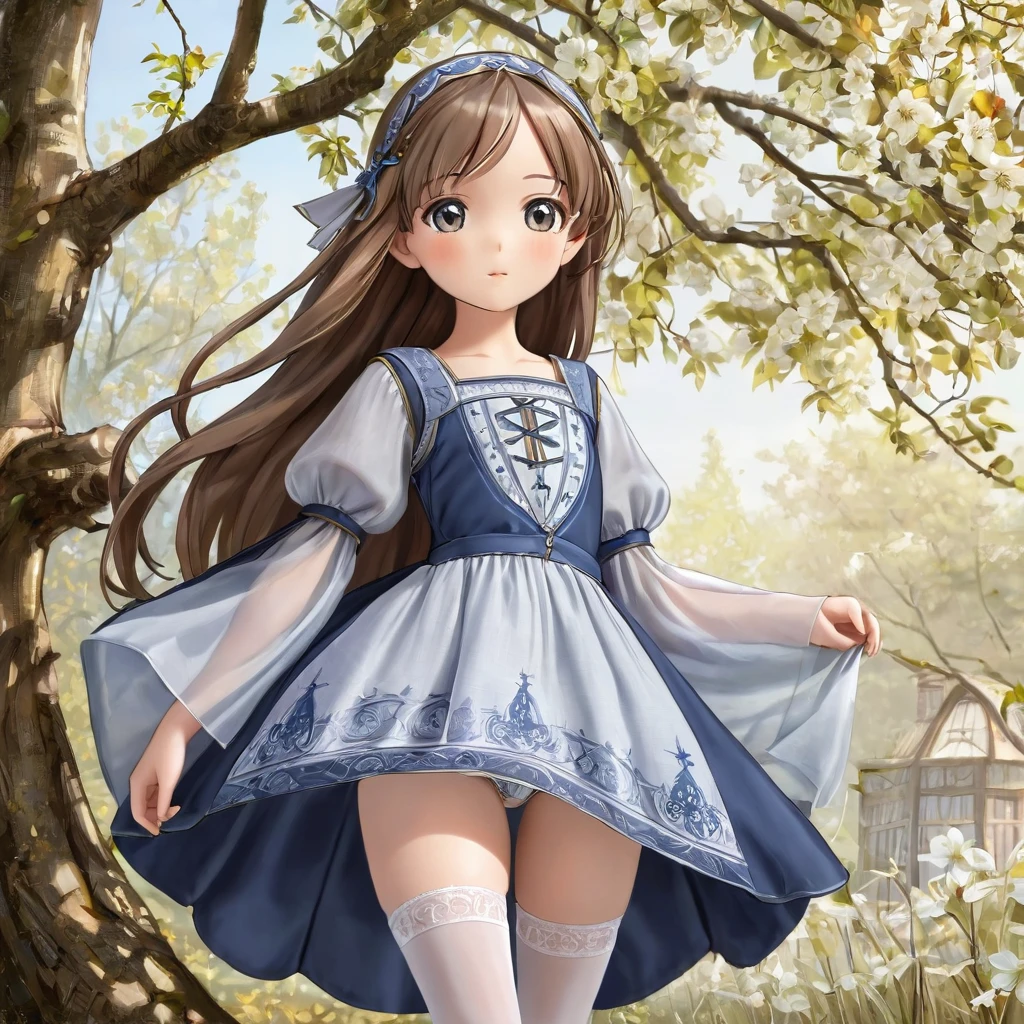 10 year old girl underwear, Realistic panties made of patterned cotton fabric, Medieval one-piece dress with panniers, Fabric Realism, Low Angle, You can see the drawer, Pull up the dress by hand, Strong winds, Translucent slip, Translucent slip, tights, Highest quality, Crotch close-up, whole body