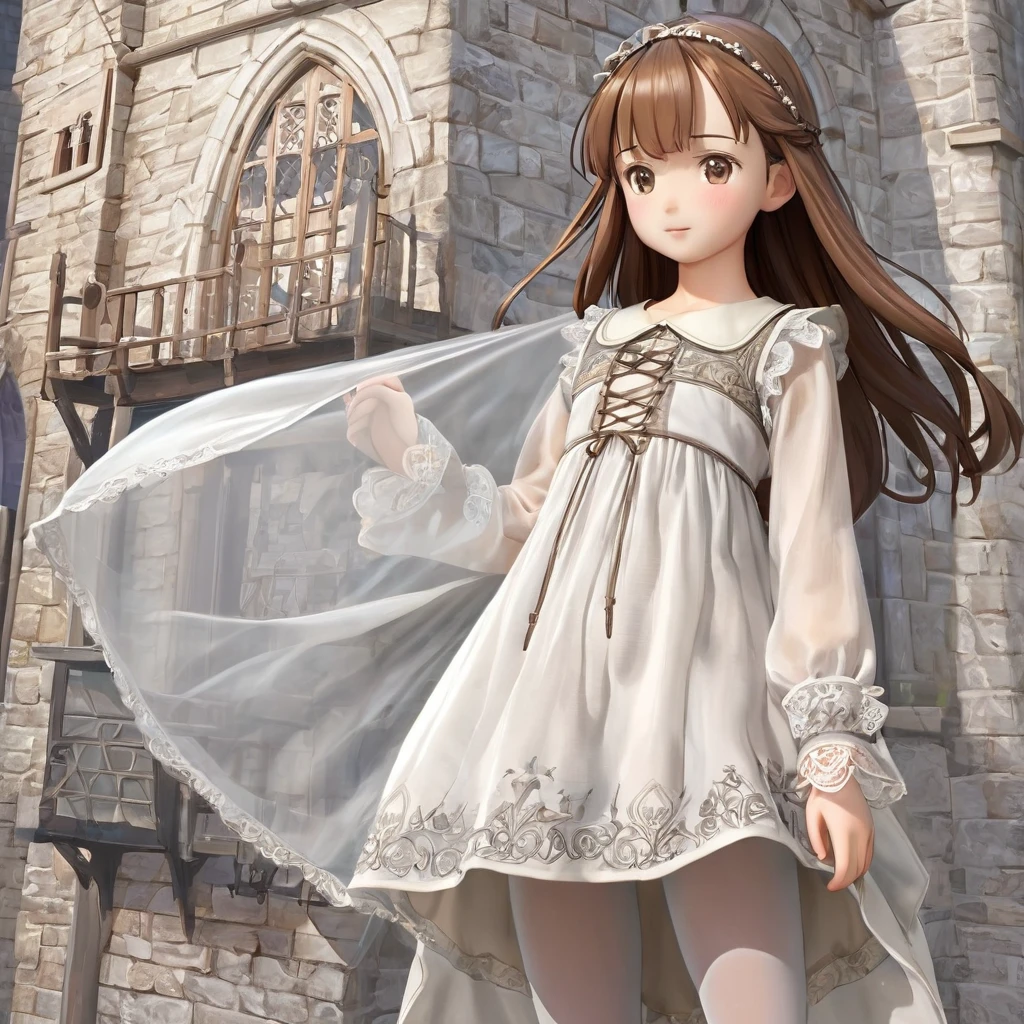  girl underwear, Realistic panties made of patterned cotton fabric, Medieval one-piece dress with panniers, Fabric Realism, Low Angle, You can see the drawer, Pull up the dress by hand, Strong winds, Translucent slip, Translucent slip, tights, Highest quality, Crotch close-up, whole body
