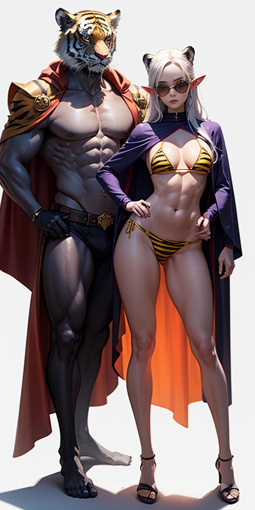 Full body, masterpiece, 1solofemale drow elf purple skin standing pose (yellow tiger bikini) red cape, red bikini, long white hair, strong body, abs, Ultra Quality, shiny skin, Atmospheric, 8K, Cinematic ((WHITE background, no tiger)) BREAK, sunglasses