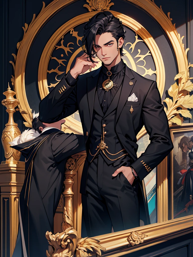 Um homem, olhos azuis, cabelo curto com sobretudo preto aberto, gravata preto, colete preto, Black Dress Pants, camisa branca, a golden monocle.