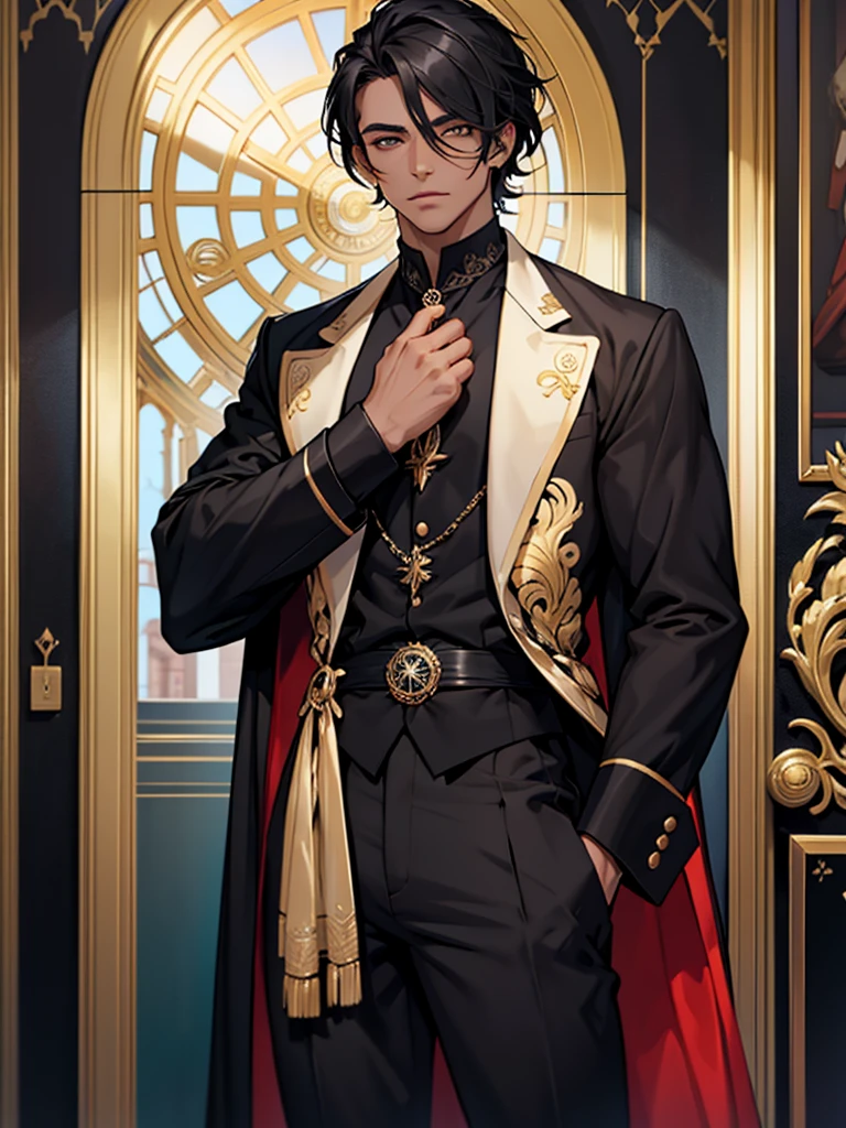 Um homem, olhos azuis, cabelo curto com sobretudo preto aberto, gravata preto, colete preto, Black Dress Pants, camisa branca, a golden monocle.