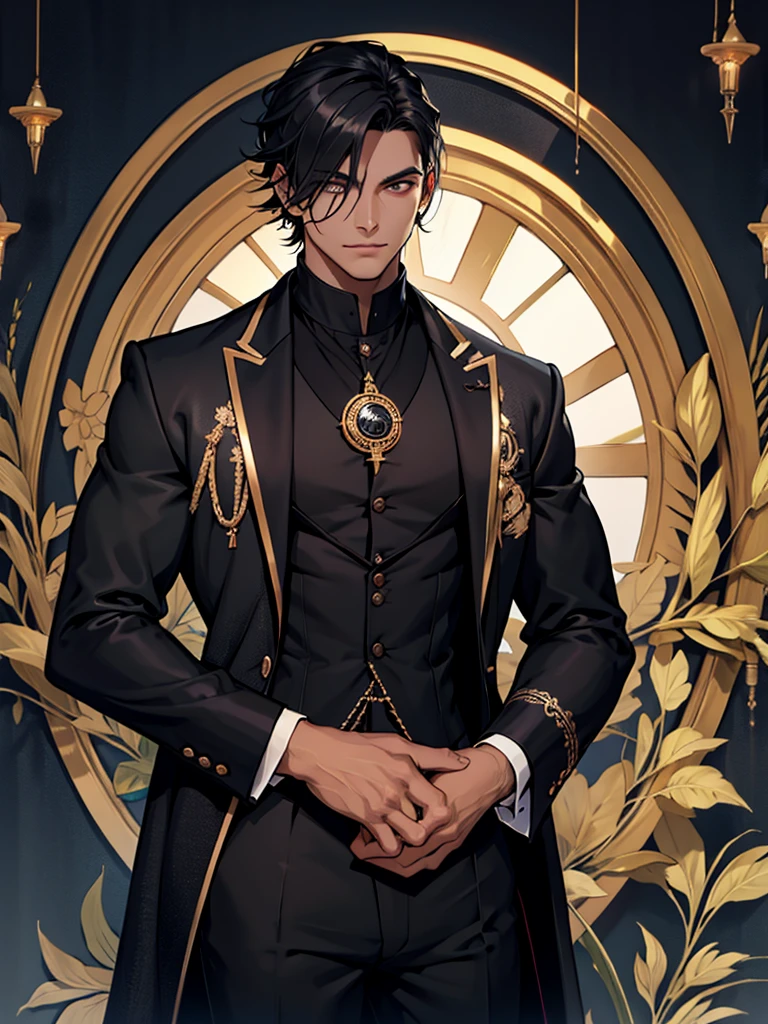Um homem, olhos azuis, cabelo curto com sobretudo preto aberto, gravata preto, colete preto, Black Dress Pants, camisa branca, a golden monocle.