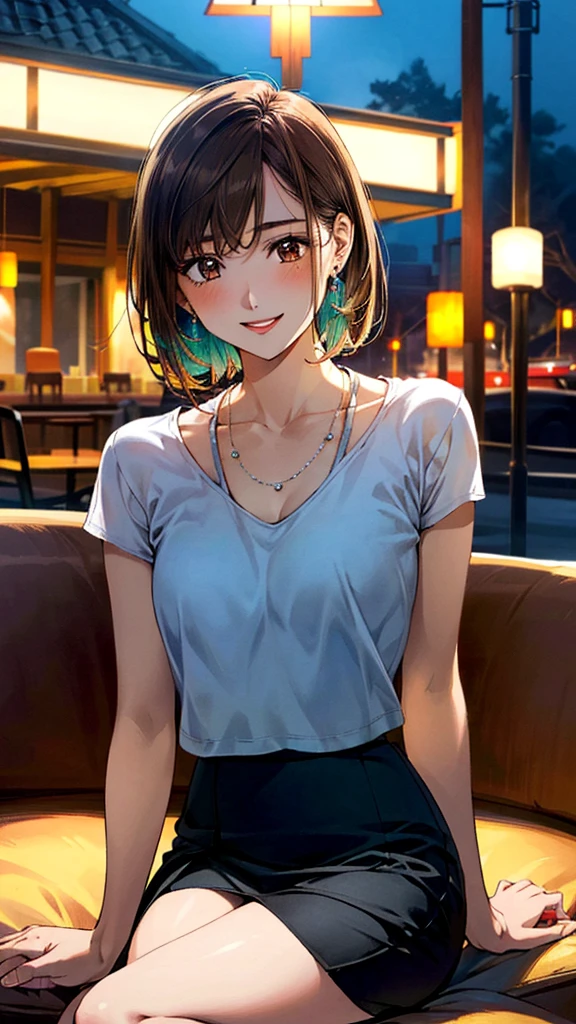 (masterpiece:1.3, Highest quality, Ultra-high resolution, Super detailed), (Realistic, photoRealistic:1.4), Beautiful illustrations, Perfect lighting, colorful, Depth of written boundary,
Beautiful detailed hair, Beautifully detailed face, Beautiful fine details, Beautiful clavicle, Beautiful body, Beautiful breasts, Beautiful thighs, Beautiful feet, Beautiful fingers,
View Viewer, Front view:0.6, 1 girl, Japanese, Female college student, Perfect Face, (Perfect Anatomy, Anatomically correct), Cute and symmetrical face, Baby Face, , Shiny skin,
((colorfulなタートルネックセーター:1.4, skirt:1.4)),
(Brown Hair, Short Hair:1.4), Brown eyes, (Large Breasts), thin,
necklace, (Small earrings),
(Retro feel), (night), (Cafe), Sitting on the couch,, (smile, Open your mouth),