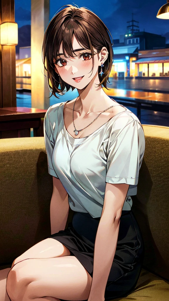 (masterpiece:1.3, Highest quality, Ultra-high resolution, Super detailed), (Realistic, photoRealistic:1.4), Beautiful illustrations, Perfect lighting, colorful, Depth of written boundary,
Beautiful detailed hair, Beautifully detailed face, Beautiful fine details, Beautiful clavicle, Beautiful body, Beautiful breasts, Beautiful thighs, Beautiful feet, Beautiful fingers,
View Viewer, Front view:0.6, 1 girl, Japanese, Female college student, Perfect Face, (Perfect Anatomy, Anatomically correct), Cute and symmetrical face, Baby Face, , Shiny skin,
((colorfulなタートルネックセーター:1.4, skirt:1.4)),
(Brown Hair, Short Hair:1.4), Brown eyes, (Large Breasts), thin,
necklace, (Small earrings),
(Retro feel), (night), (Cafe), Sitting on the couch,, (smile, Open your mouth),