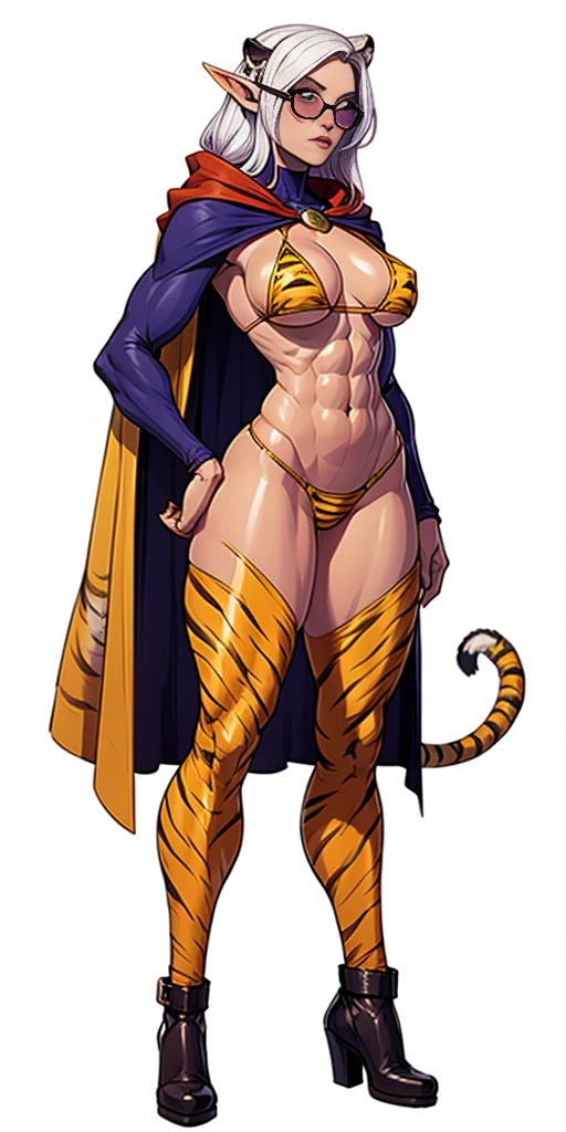 Full body, masterpiece, 1solofemale drow elf purple skin standing pose (yellow tiger bikini) red cape, red bikini, long white hair, strong body, abs, Ultra Quality, shiny skin, Atmospheric, 8K, Cinematic ((WHITE background, no tiger)) BREAK, sunglasses