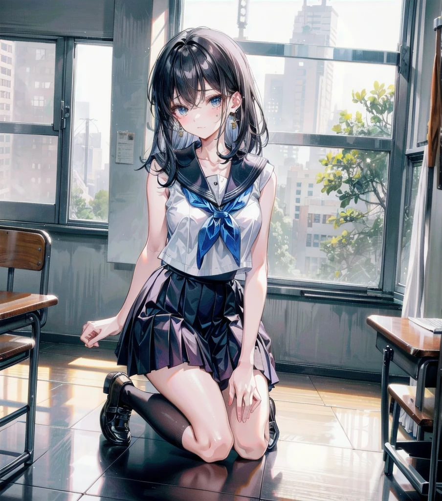 full body, earring, medium hair, medium tits, tearful mole, school_uniform, sailor uniform, sleeveless, school, classroom,