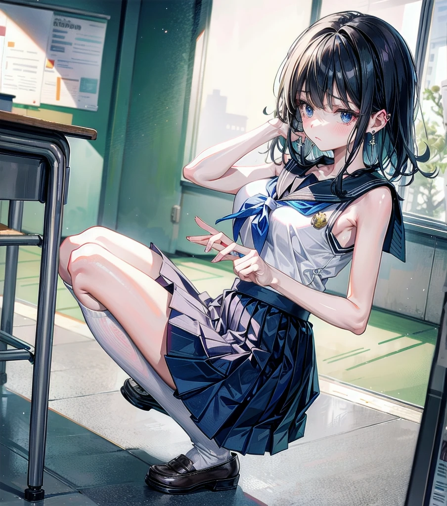 full body, earring, medium hair, medium tits, tearful mole, school_uniform, sailor uniform, sleeveless, school, classroom,