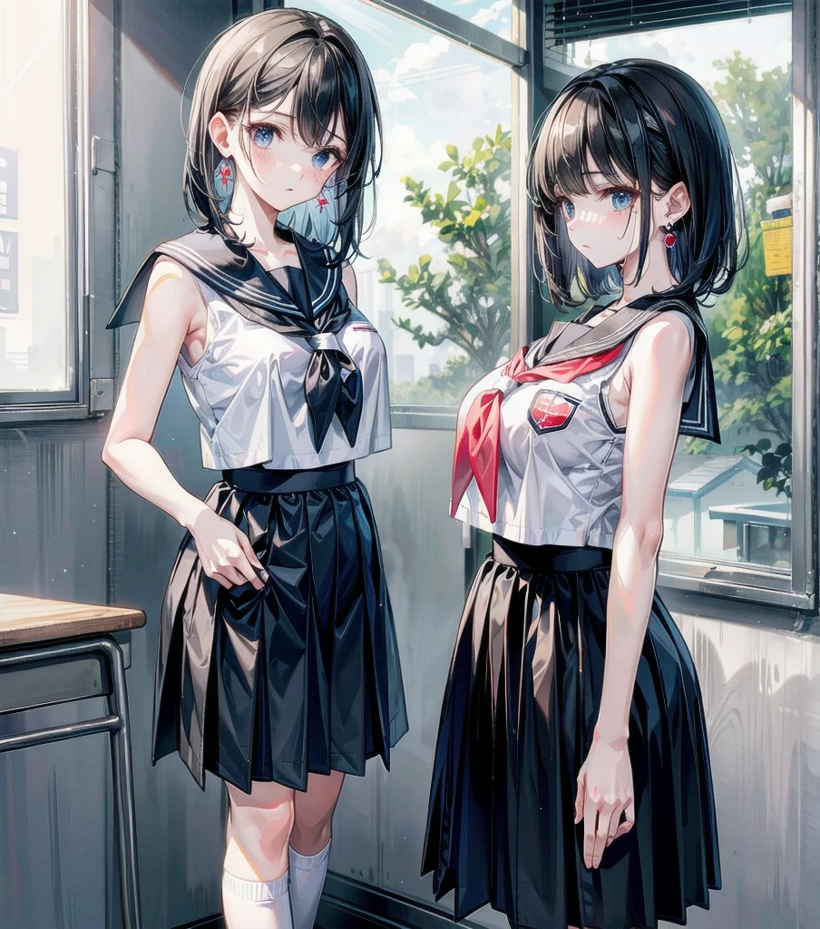 full body, earring, medium hair, medium tits, tearful mole, school_uniform, sailor uniform, sleeveless, school, classroom,