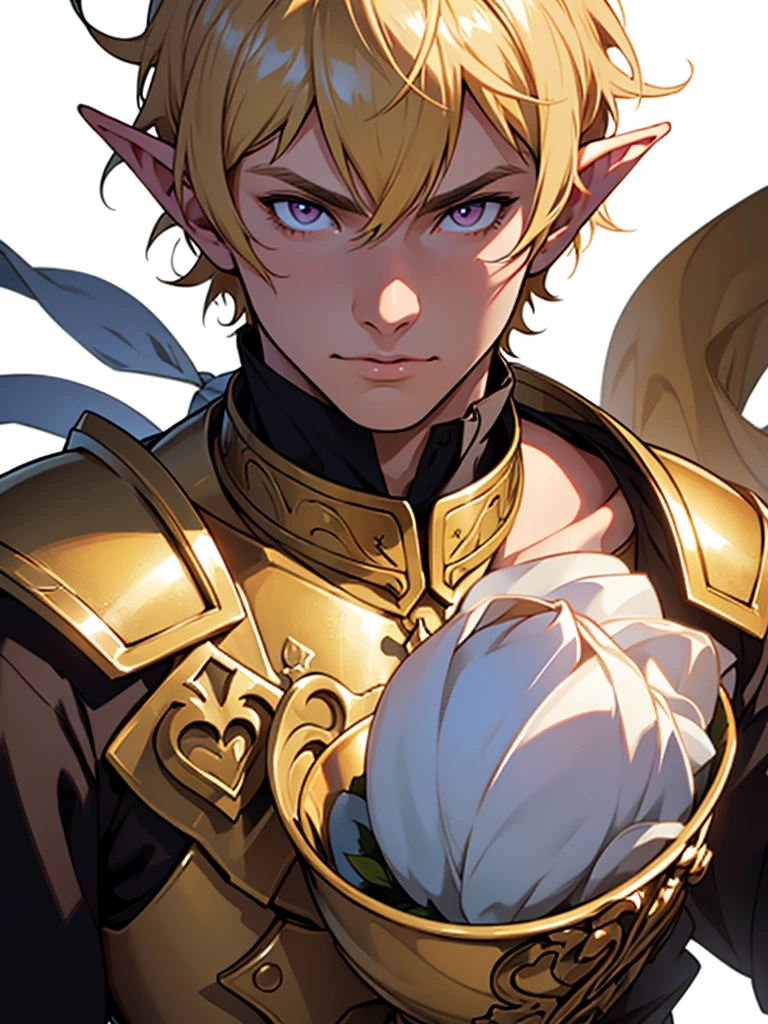 medieval anime art, masterpiece, best quality, by professional artist, 1man, male, solo, upper body portrait, detailed composition, detailed eyes, detailed hair, (((white background))), elf, blond hair, bowl cut, golden royal knight armor, pink eyes