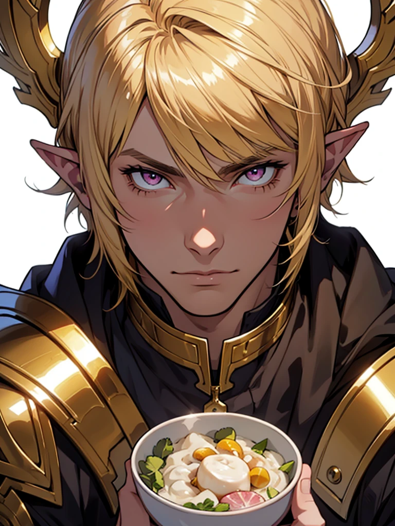 medieval anime art, masterpiece, best quality, by professional artist, 1man, male, solo, upper body portrait, detailed composition, detailed eyes, detailed hair, (((white background))), elf, blond hair, bowl cut, golden royal knight armor, pink eyes