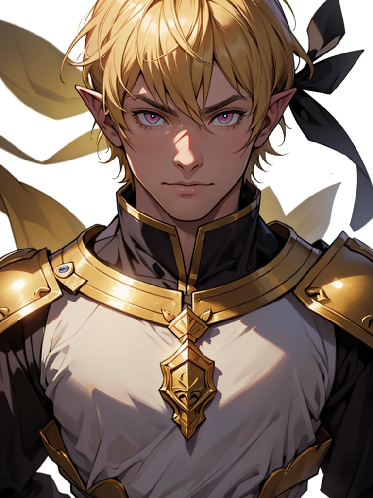 medieval anime art, masterpiece, best quality, by professional artist, 1man, male, solo, upper body portrait, detailed composition, detailed eyes, detailed hair, (((white background))), elf, blond hair, bowl cut, golden royal knight armor, pink eyes