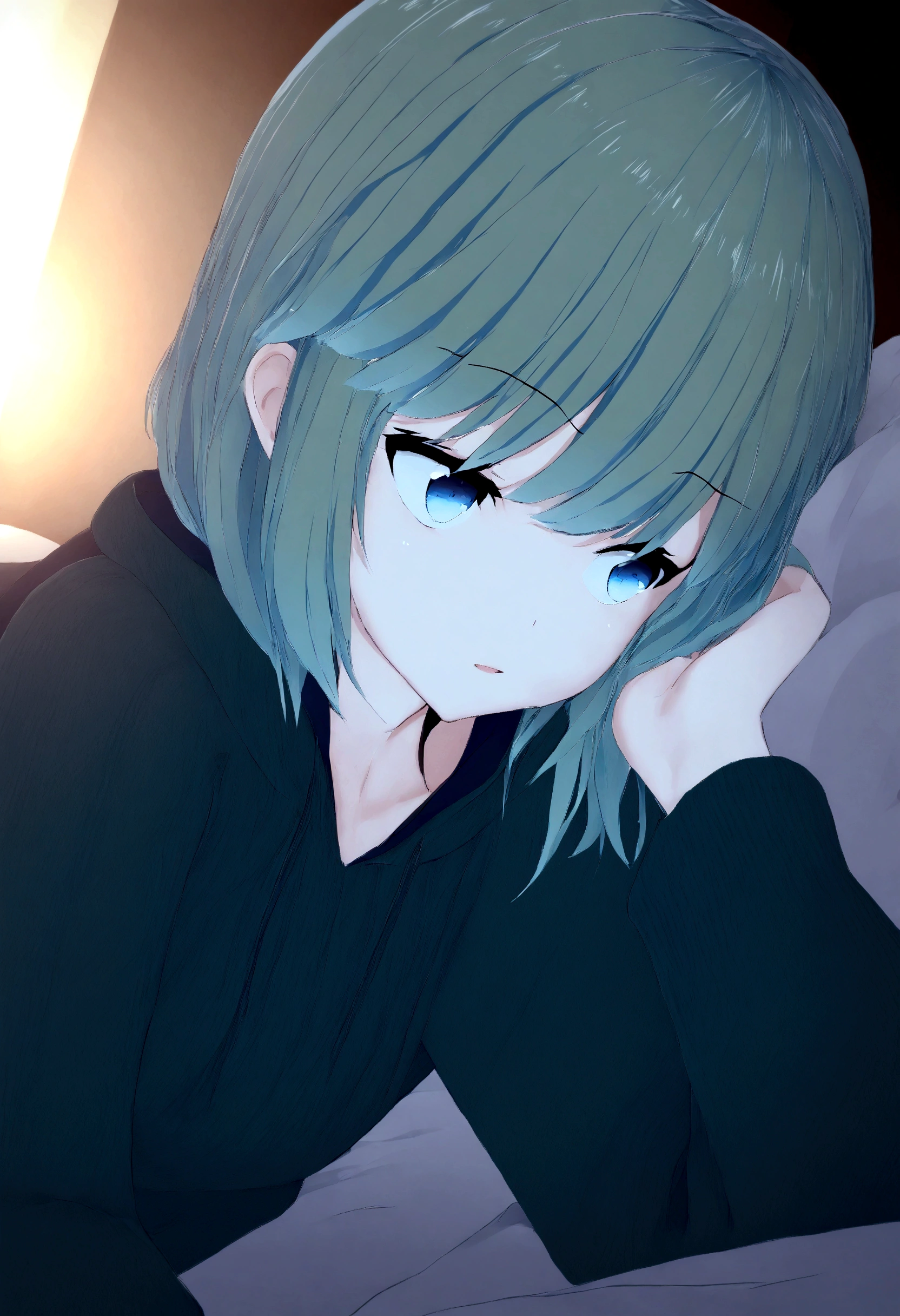 1 girl, light green hair, beautiful detailed blue eyes, beautiful detailed lips, wearing a dark green hoodie, lying on a bed,