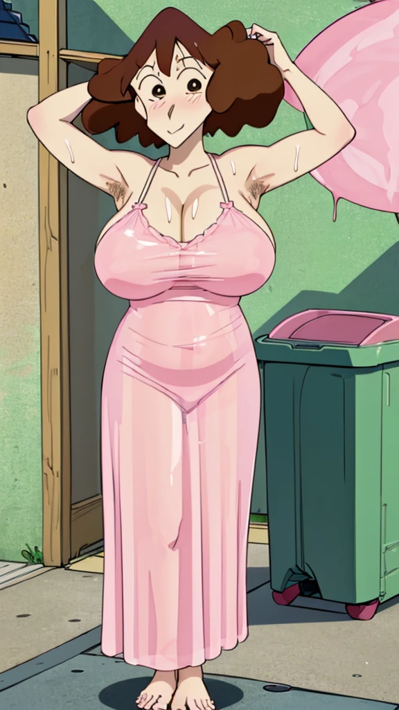 Misae Nohara, (Auntie:1.5), (Mature Woman:1.5), (absurderes, 8K, 4K, masutepiece, hyper extreme detailed:1.2), Best Quality, Perfect Anatomy,Perfect face,High humidity, (Huge breasts:1.7), (A sheer pink nightgown:1.5), (Wet:1.4), Sitting on the floor, (Alley:1.3), Graffitied wall, Garbage can, Scattered trash, (alone:1.5), (Brown eyes:1.2), (Clothing is revealing:1.2), Exposed shoulders, Torn clothes, Are pregnant, Firm breasts, Upturned nipples, Showing cleavage, Mole on chest, (Thick armpit hair:1.4), (blush:1.2), A kind smile, relief, peace of mind, (maternal:1.3), (Gentle look:1.5), Smiling face, (Outdoor:1.5), (Out:1.3)