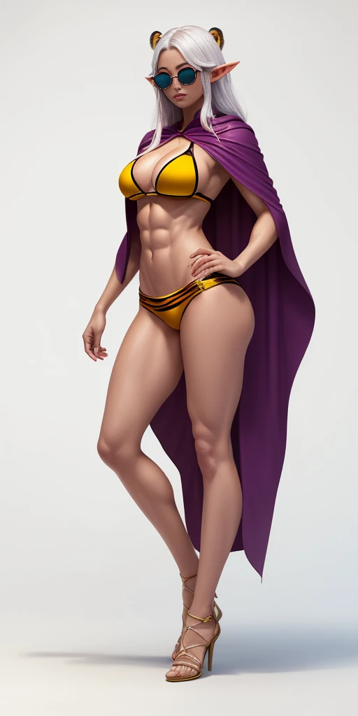Full body, masterpiece, 1solofemale drow elf purple skin standing pose (yellow tiger bikini) red cape, red bikini, long white hair, strong body, abs, Ultra Quality, shiny skin, Atmospheric, 8K, Cinematic ((WHITE background, no tiger)) BREAK, sunglasses