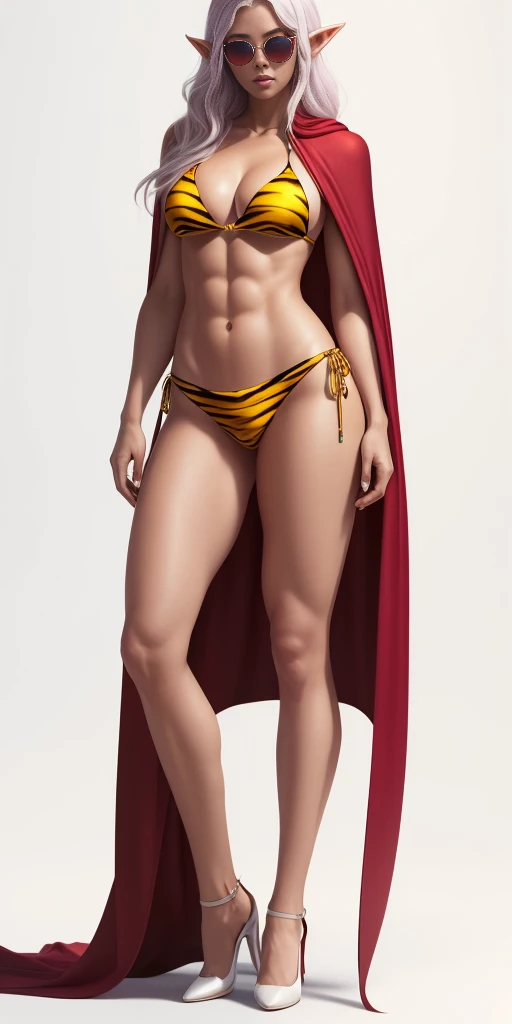 Full body, masterpiece, 1solofemale drow elf purple skin standing pose (yellow tiger bikini) red cape, red bikini, long white hair, strong body, abs, Ultra Quality, shiny skin, Atmospheric, 8K, Cinematic ((WHITE background, no tiger)) BREAK, sunglasses