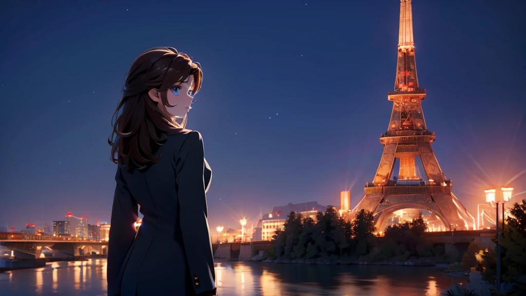 1 girl, medium light brown hair, light blue eyes, wearing black suit, night city, absurdres, high res, ultrasharp, 8K, masterpiece, looking from behind