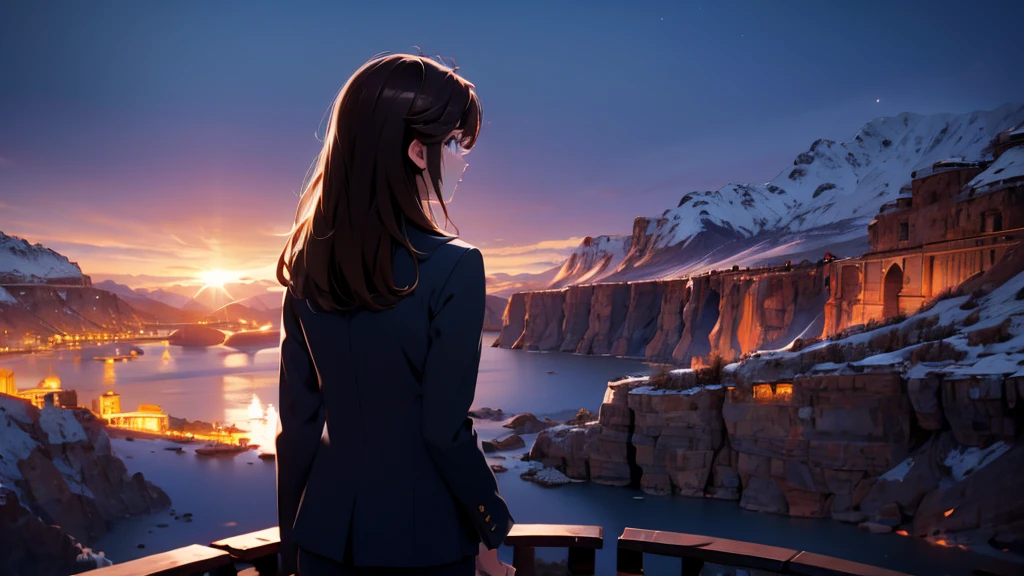 1 girl, medium light brown hair, light blue eyes, wearing black suit, night city, absurdres, high res, ultrasharp, 8K, masterpiece, looking from behind