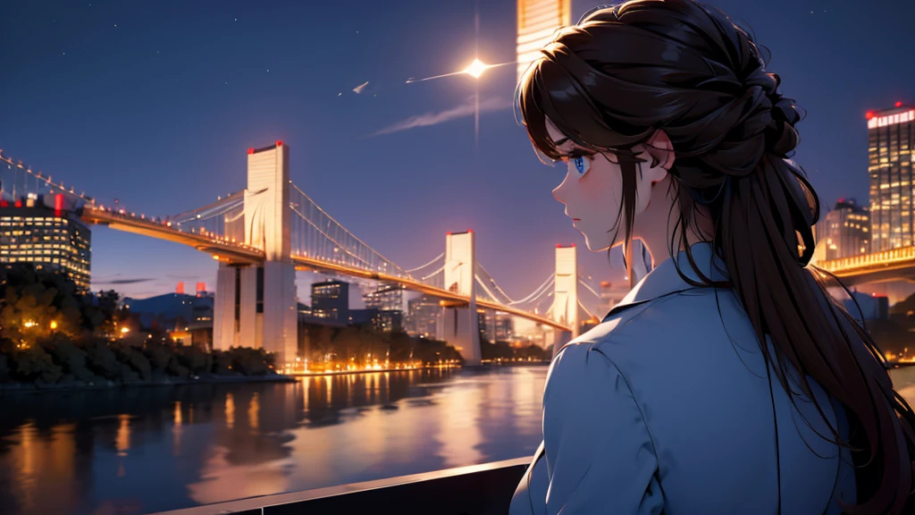 1 girl, medium light brown hair, light blue eyes, wearing black suit, night city, absurdres, high res, ultrasharp, 8K, masterpiece, looking from behind