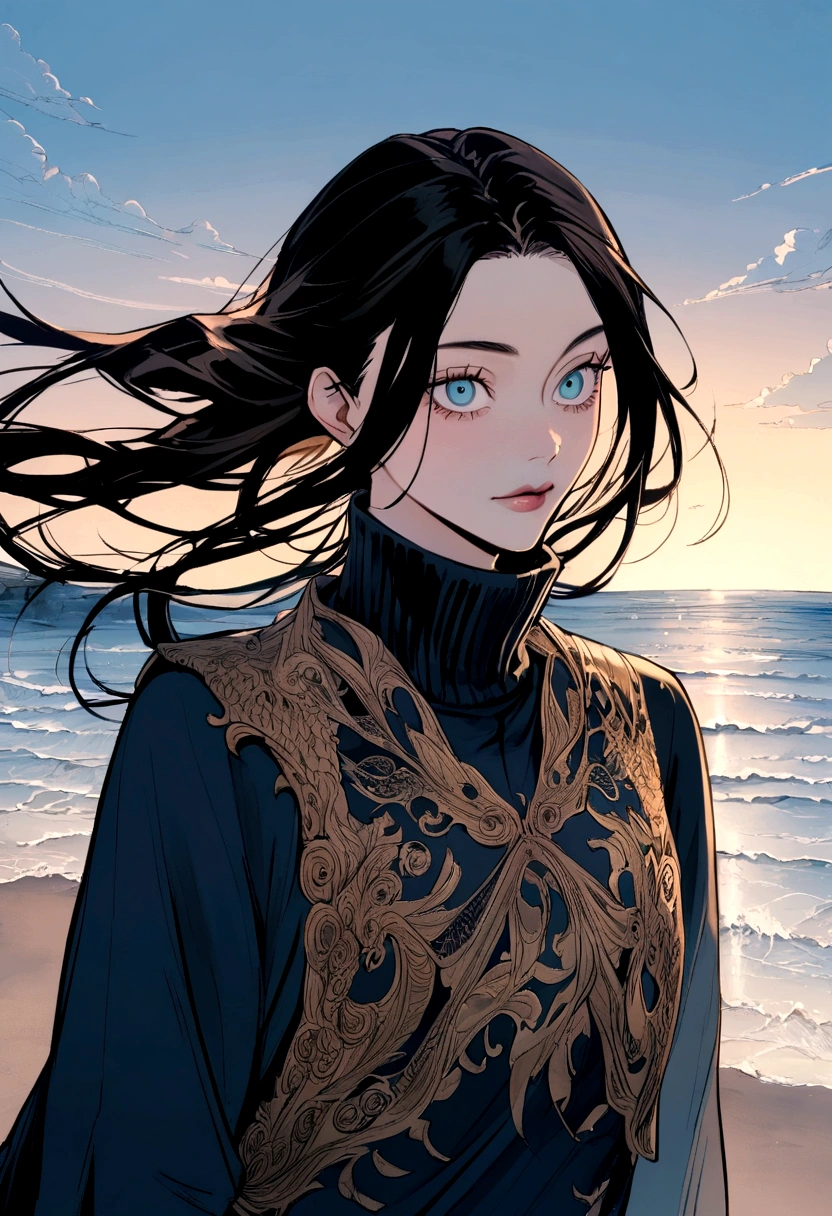 A girl,black long hair,hime styles hair,ocean blue eyes,art,art Jujutsu Kaisen