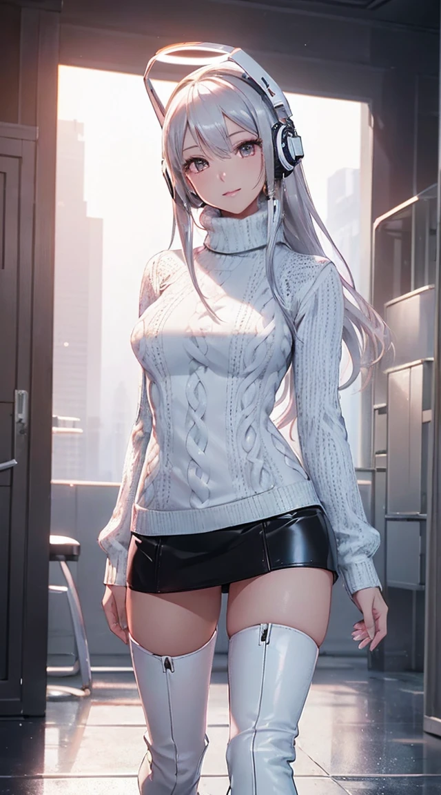 smile、((8k)), ((32k)), ((Highest quality)), ((masterpiece)), ((超A high resolution)), ((Tmasterpiece)), ((halo:1.4))、((White mechanical headgear:1.3))、((White mecha cyber headphones:1.3))、Fine skin, High quality fabric, ((Beautiful and dense face))、RAW Photos、Professional, Ultra-fine painting, ((alone)), Beautiful breasts、Highest quality, Very detailed, Very detailed詳細, Finer details, so beautiful, Full body description、on a futuristic street、White thigh-high boots、(Woman wearing a black leather miniskirt:1.8)、(Wearing a white knitted turtleneck sweater:1.8)、 take a walk、Beautiful legs、(Machine Eyes:1.3)、drooping eyes: 1.3,, (In 8K) , masterpiece, (No retouching, Lip gloss, False eyelashes, Real Skin, Highest quality, 超A high resolution, Depth of written boundary, chromatic aberration, Caustics, Wide Lighting, Natural Shading))、Korean Idol、Asian woman smiling at camera,、A young and cute gravure idol, Young and skinny gravure idol, Realistic Young Gravure Idol, Young Gravure Idol, Japanese Model, Shot with Canon EOA 6D Mark II, Shot with Canon EOS 5D Mark IV, Young Gravure Idol、(White thigh-high boots:1.5)、(Long silver hair:1.1), cowboy_shot, Side Focus, Shiny、Concept Art, Anime fantasy artwork, (((Long silver hair))),  8K high quality, detailed art, In 8Kのキャラクターアートの3Dレンダリング, neat legs, Defined, Defined fingers,