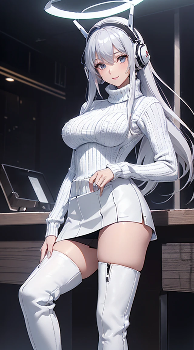 smile、((8k)), ((32k)), ((Highest quality)), ((masterpiece)), ((超A high resolution)), ((Tmasterpiece)), ((halo:1.4))、((White mechanical headgear:1.3))、((White mecha cyber headphones:1.3))、Fine skin, High quality fabric, ((Beautiful and dense face))、RAW Photos、Professional, Ultra-fine painting, ((alone)), Beautiful breasts、Highest quality, Very detailed, Very detailed詳細, Finer details, so beautiful, Full body description、on a futuristic street、White thigh-high boots、(Woman wearing a black leather miniskirt:1.8)、(Wearing a white knitted turtleneck sweater:1.8)、 take a walk、Beautiful legs、(Machine Eyes:1.3)、drooping eyes: 1.3,, (In 8K) , masterpiece, (No retouching, Lip gloss, False eyelashes, Real Skin, Highest quality, 超A high resolution, Depth of written boundary, chromatic aberration, Caustics, Wide Lighting, Natural Shading))、Korean Idol、Asian woman smiling at camera,、A young and cute gravure idol, Young and skinny gravure idol, Realistic Young Gravure Idol, Young Gravure Idol, Japanese Model, Shot with Canon EOA 6D Mark II, Shot with Canon EOS 5D Mark IV, Young Gravure Idol、(White thigh-high boots:1.5)、(Long silver hair:1.1), cowboy_shot, Side Focus, Shiny、Concept Art, Anime fantasy artwork, (((Long silver hair))), 8K high quality, detailed art, In 8Kのキャラクターアートの3Dレンダリング, neat legs, Defined, Defined fingers,
