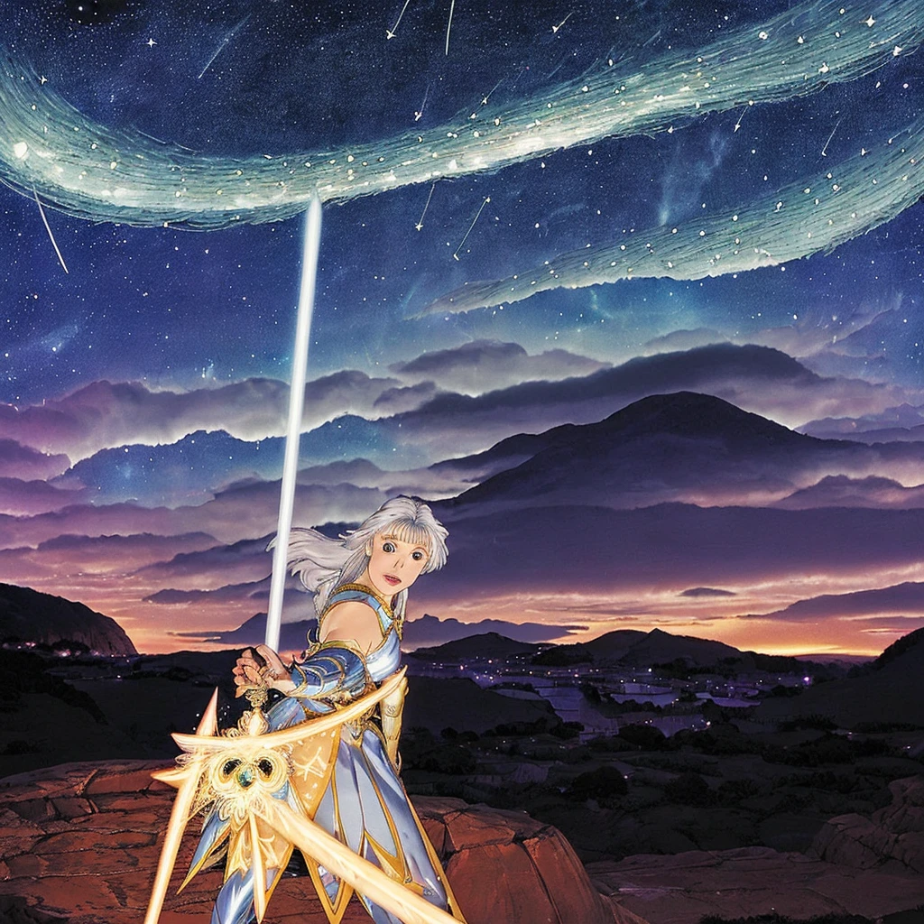 A warrior princess with flowing silver hair, wielding a glowing sword against a backdrop of a starry night sky. Yoshitaka Amano style, ethereal, otherworldly, dynamic, fantasy.