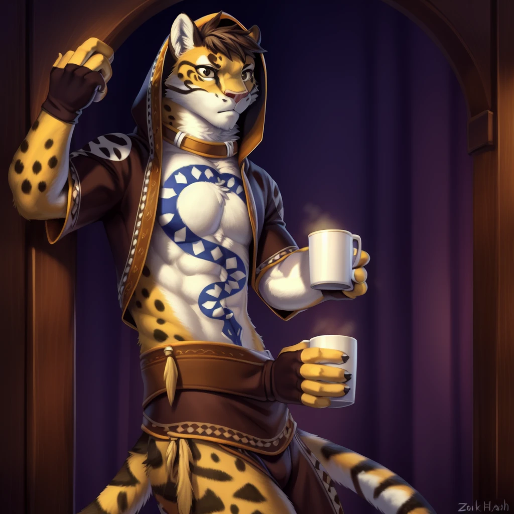 likulau, solo, leopard tail,  (pose:1.3), (posing:1.3), (soft shading), 4k, hi res, ((detailed face, (detailed eyes:1.0), detailed)), (full body), by zackarry911, by zaush, (by personalami:0.5), solo, gloves, 1boy, navel, holding, male focus, hood, fingerless gloves, cup, feet out of frame, abs, animal print, holding cup, mug