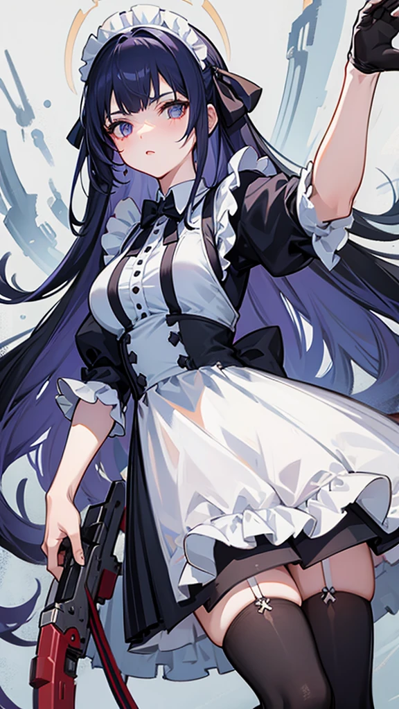 1girl, solo, young adult, maid, short skirt, from below, battle maid, stocking, long hair, forshotening, white hair, gun