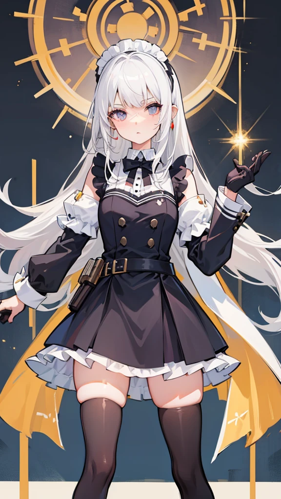 1girl, solo, young adult, maid, short skirt, from below, battle maid, stocking, long hair, forshotening, white hair, gun