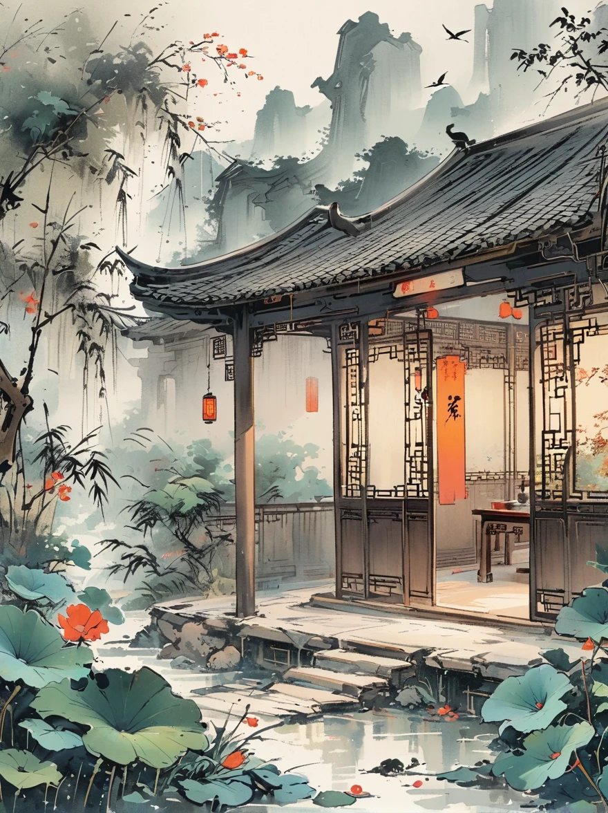 Front view,Volumetric Light,,Shoot at medium and close range,Medium shot(Multiple sclerosis),High Detail,high resolution,coffee table,Chinese,Indoor learning,Screen,Focus on effects and atmosphere,Practical,Chinese ink painting style,