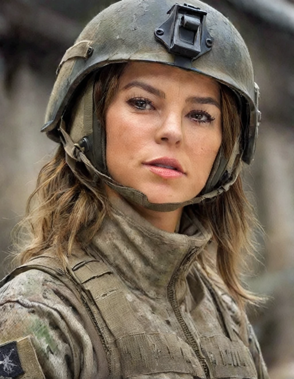 a (altura toda:1.3) pintura digital de (ahwx woman:1.1)  as a female special operations soldier, ahwx, Medium length hair, estilizado em grande, Ondas Volumosas., cinematic lighting, epic, inspirador, hdr, 