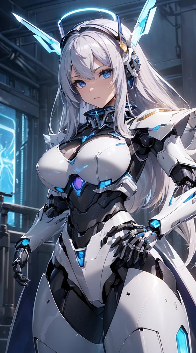 ((Intense action pose:1.6))、((Shining lenses on both breasts:1.3))、((Blue pillars of light are emanating from both chests.:1.3))、smile、((8k)), ((32k)), ((Highest quality)), ((masterpiece)), ((超A high resolution)), ((Tmasterpiece)), ((halo:1.4))、((Mechaニカルheadgear:1.2))、((Cyber headphones:1.3))、Fine skin, High quality fabric, Fine metal texture、((Beautiful and dense face))、RAW Photos、Professional, Ultra-fine painting, ((alone)), Beautiful breasts、Highest quality, Very detailed, Very detailed詳細, Finer details, so beautiful, ((Princess Knight Robot:1.2)), (Joints of machines, Mechanical Limbs:1.3), (The internal structure of the machine is exposed:1.3), (Long silver hair:1.1), (Beautiful and huge mechanical breasts)、White Veil, cowboy_shot, Side Focus, headgear, Shiny、(Five Fingers, Four fingers and thumb),Concept Art, Anime fantasy artwork, Detailed fantasy art, (with pale blue-violet hair and large white wings,,,,,,,), (((Long silver hair))), (Mecha:1.6)、Sleek and intimidating design, ((Commander-in-Chief'arm)), (Perfect robot body)、純白と青紫armまたは, Symmetrical wings, 8K high quality, detailed art, 3D rendering of character art in 8K, neat legs, Defined, Defined fingers,